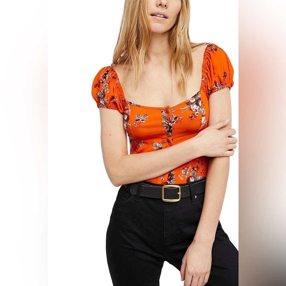 Free People Close To You Puff sleeve Buttons Orange Floral Blouse Size Small